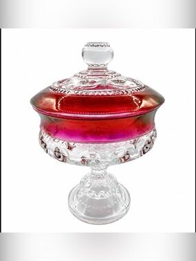 Tiffin-Franciscan Kings Crown Thumbprint Ruby Flashed Lidded Compote Candy Dish